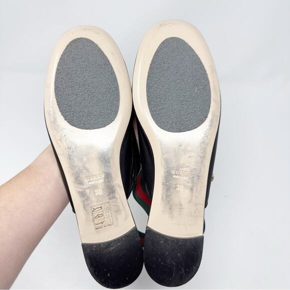 Gucci Bayadere Bee Web Stripe Black Leather Slingback Flats Size 38 - Picture 8 of 9